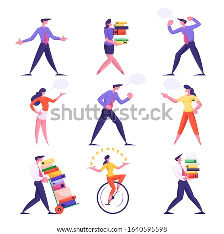 Set of Businesspeople Men and Women Carry Huge Piles of Document Folders, Deadline. Speaking and Yelling on Each Other with Speech Bubbles, Riding Monowheel Bike. Cartoon Flat Vector Illustration