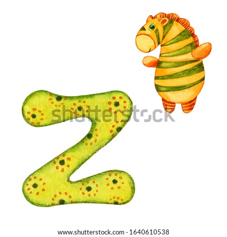 Letter Z of multi-colored cartoon English alphabet with pictures, zebra. Hand drawn closeup watercolor illustration isolated on white background. Concept of training and design of children's products.