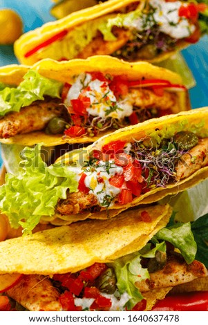 Tacos, corn tortilla tacos with grilled chicken meat and fresh vegetables with addition aromatic and spicy herb sauce, close-up. Traditional Mexican dish