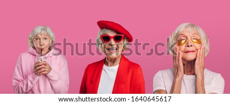 Horisontal collection of three pictures old senior woman isolated over pink background. Stylish old lady in hoodie or red parision style. Set or collage. Take beauty procedures and take care  herself