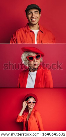 Collage of three picture of people isolated on red background. Young arabian man, old senior woman and stylish young female model. Vertical set of photos. Cultural diversity and different people