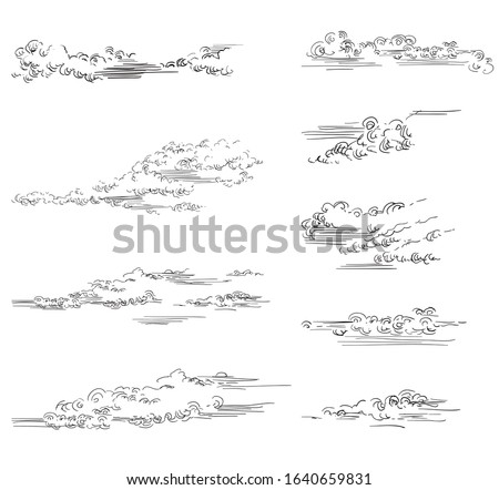 Vector hand drawing set of clouds different shapes in black color isolated on white background. Monochrome vintage clouds. Vector illustration of clouds. Image for design, cards. 