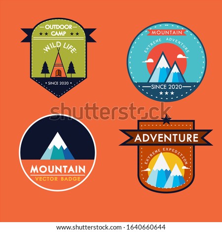 set of four Camping outdoor adventure emblems, badges and logo patches. Mountain tourism, hiking. Forest camp labels in vintage style