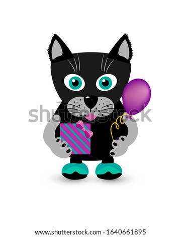 Happy birthday card with cute black cat carrying a present and balloon. Flat cartoon vector illustration isolated on white background. Funny cat icon for nursery design, print, post card, invitation.
