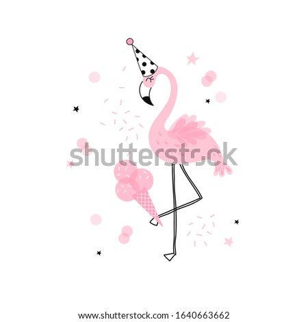 Candy Pink Flamingo in cone hat with ice-cream illustration isolated on white background. Exotic bird simple linear transparent overlapping shapes vector clip-art. Happy Birthday design concept