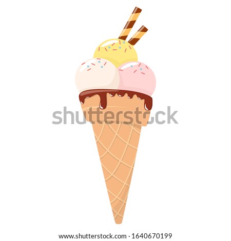 Ice cream cone. Delicious cold dessert. Sweet summer frozen meal. Vector illustration in cartoon style