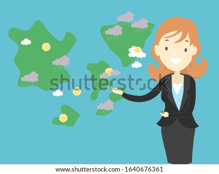 Illustration of a Girl Weather Broadcaster Pointing the Places and the Weather on Green Screen with a Map and Weather Icons with Clouds, Sun and Rain