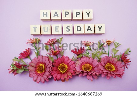 Happy Tuesday alphabet letters with pink flower decoration on purple background