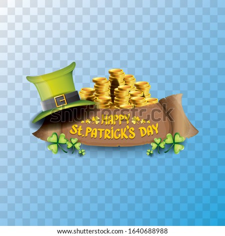 vector happy saint patrick's day label or poster with green hat, lucky clovers and vintage ribbon isolated on transparent background. vector saint patriks day banner or greeting card