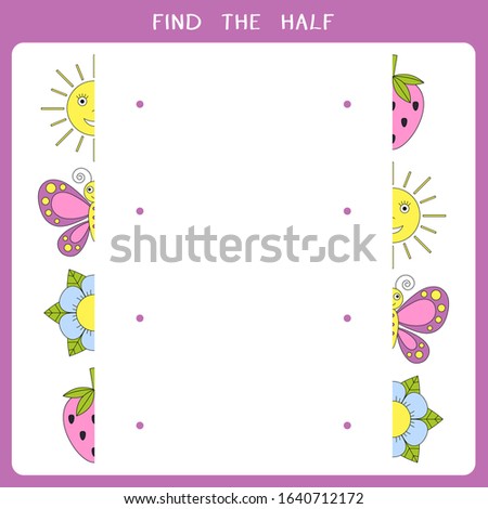 Find the half for object. Vector worksheet of simple educational game for kids