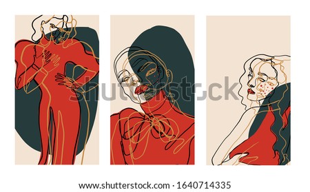 Set background with portrait woman in abstract one line style with black, red colorful elements. Creative design for social media apps. 
 Royalty-Free Stock Photo #1640714335