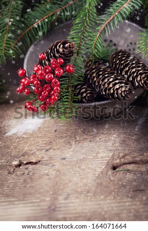 Decorative christmas composition  on old wooden background. Postcard. Retro style. Selective focus.