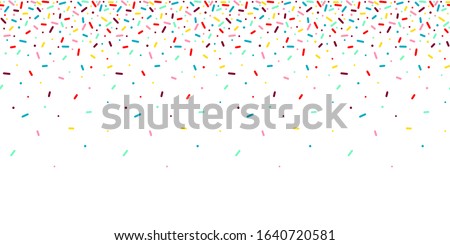 Seamless pattern with rainbow, colorful falling decorative sprinkles banner background. Vector donut glaze pastry elements Royalty-Free Stock Photo #1640720581