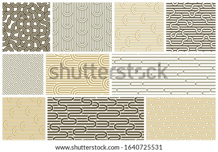 Lined seamless vector patterns with twisted lines, geometric abstract backgrounds set, stripy net, optical maze, web network.