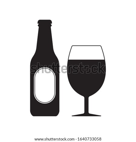 Beer bottle with glass icon. Alcohol drink silhouette. Vector illustration.