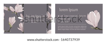 Vector business card template with magnolia flower on a lavender background. 