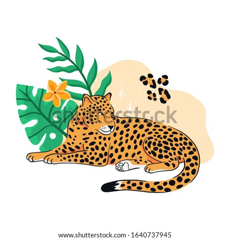 Leopard with tropical exotic leaves, and flowers. Colorful vector illustration.