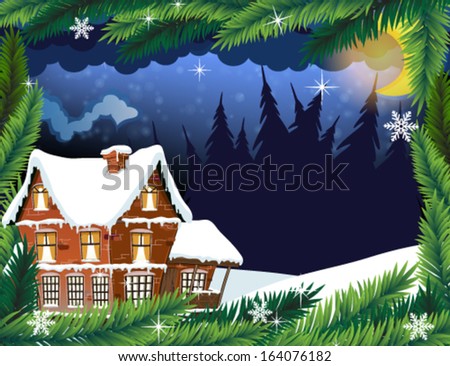 Large suburban brick house in the winter forest.  Winter Night Scene