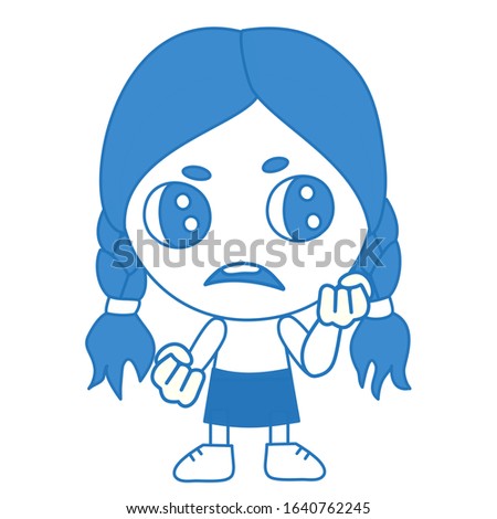 emoticon with a cool angry girl, which stands with a warped mouth and threatens with two fists, blue vector clip art on isolated background