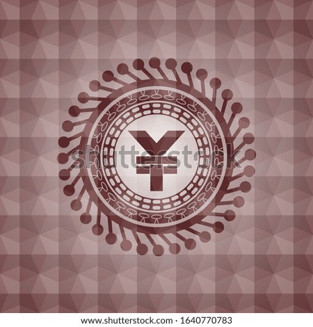 yuan icon inside red emblem with geometric pattern background. Seamless.