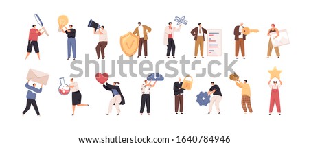 Set of tiny people with big items isolated on white background. Collection of person different activities and occupation vector flat illustration. Cartoon characters holding various tools Royalty-Free Stock Photo #1640784946