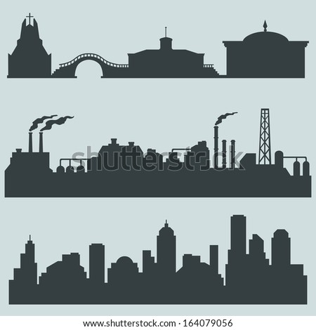 vector set of city silhouettes - cultural, industrial and urban buildings