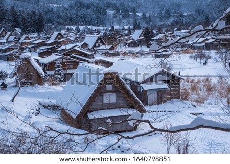 Shirakawa-go is village famous with snow in the winter for Gassho-zukuri (houses with steep thatched roofs) in Japan

