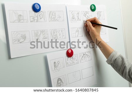 Design drawings of storyboards for animated cartoons.