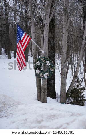 Red, White, and Blue American Flag and Christmas Wreath hanging on a tree out in the Winter cold season outside of Merrill, Wisconsin on roadside