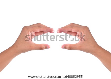 Empty hand showing gesture holding burger, sandwich or food isolated on white background with clipping path, 