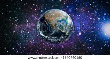 Beautiful Earth . Panoramic view of the Earth, sun, star and galaxy. Sunrise over planet Earth, view from space . Elements of this image furnished by NASA