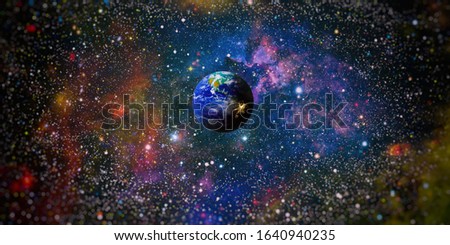 Beautiful Earth . Panoramic view of the Earth, sun, star and galaxy. Sunrise over planet Earth, view from space . Elements of this image furnished by NASA
