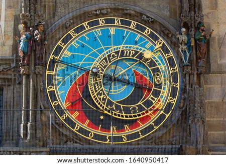 A view of the historic Prague Astronomical Clock in the city of Prague, Czech Republic.