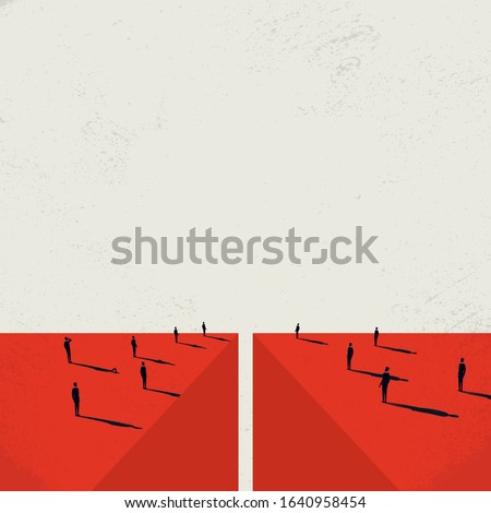Divided society vector concept with crowds on opposite sides of abyss. Split in opinions and lifestyles in community. Symbol of modern politics of conflict and separation. Eps10 illustration. Royalty-Free Stock Photo #1640958454
