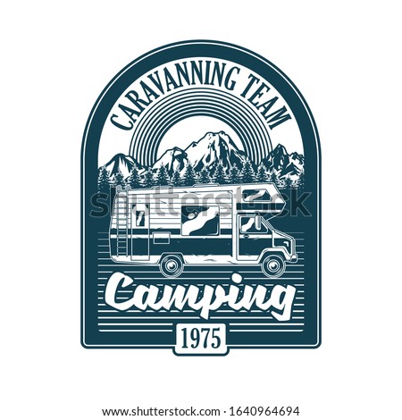 Vintage logo, print apparel design, vector illustration of emblem, patch, badge with classic family camper car for caravanning on mountains. Adventure, travel, summer camping, outdoor, natural journey
