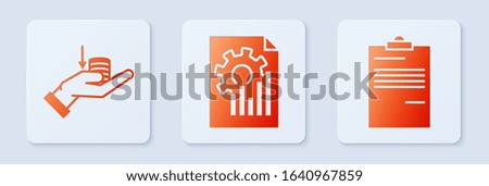 Set Document with graph chart, Money on hand and Document. White square button. Vector