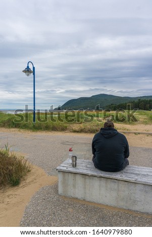 Baie-Saint-Paul in Quebec, Canada beach shore and coast with waves and green grass and mountains with a men sitting alone looking at the ocean