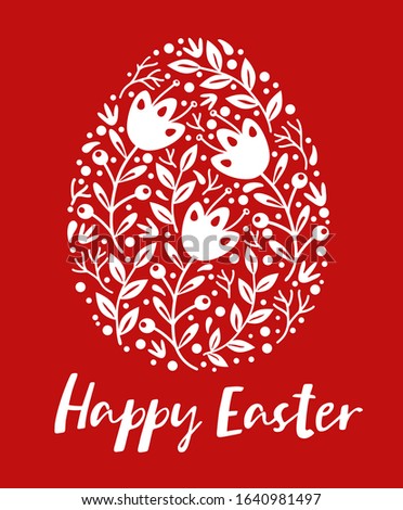 Egg shape with folk flowers and leaves on the red background. Holiday Happy Easter in scandinavian style. Vector illustration with lettering. 
