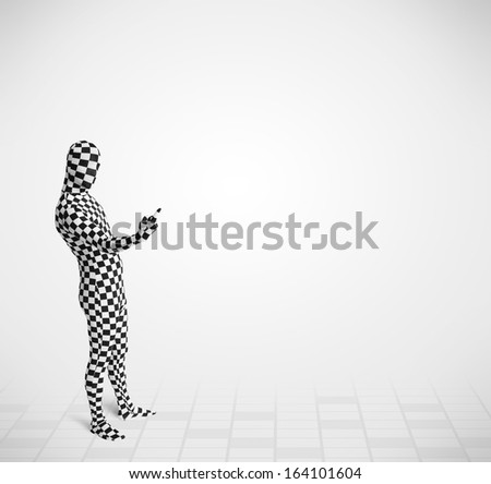 Funny guy in morphsuit body suit looking at empty copy space