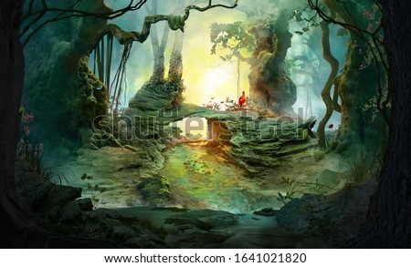 into the deep woods, atmospheric landscape with archway and ancient trees, misty and foggy mood Royalty-Free Stock Photo #1641021820