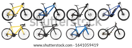 set collection of various bicycle models and e bike. yellow black and blue mountain bike, racing sport carbon cycle, enduro full suspension and battery powered pedelec isolated on white background
