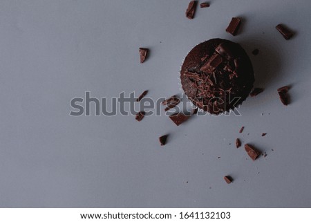 Top view of Chocolate cupcakes with chocolate bar, homemade baking on gray background. Copy space.