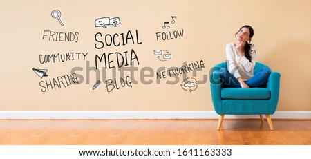 Social media theme with woman in a thoughtful pose in a chair