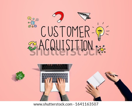 Customer acquisition with people working together with laptop and notebook