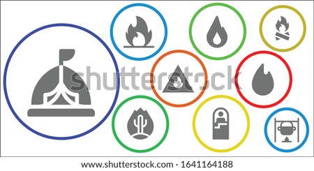 Modern Simple Set of campfire Vector filled Icons. Contains such as Tent, Fire, Sleeping bag, Bonfire and more Fully Editable and Pixel Perfect icons.