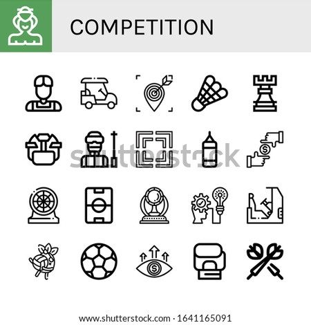 competition icon set. Collection of Sumo, Athlete, Golf cart, Target, Shuttlecock, Rook, Hockey helmet, Ski, Focus, Punching bag, Darts, Football field, Award, Strategic icons