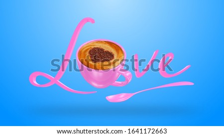 A sweet pink coffee cup with beautiful heart latte art on isolated blue background with clipping path. 3d render for Valentines Day with sweet color of coffee mug and the text LOVE.