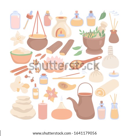 Big set of vector clip art Ayurveda. Hand drawn flat elements on Ayurvedic massage and Shirodhara treatment topic. Collection of spices, essential oil bottles, mortar, pitcher and other equipment.
