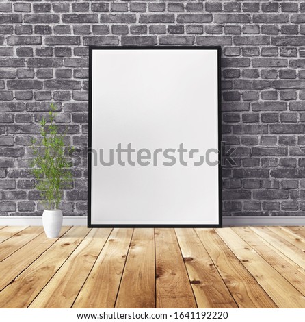 White poster on wooden floor. Blank frame mockup for you design. Interior space with flower.