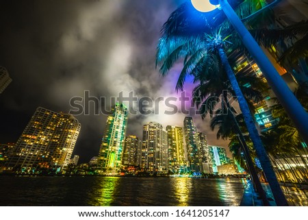 Colorful night in Miami River walk. Southern Florida, USA